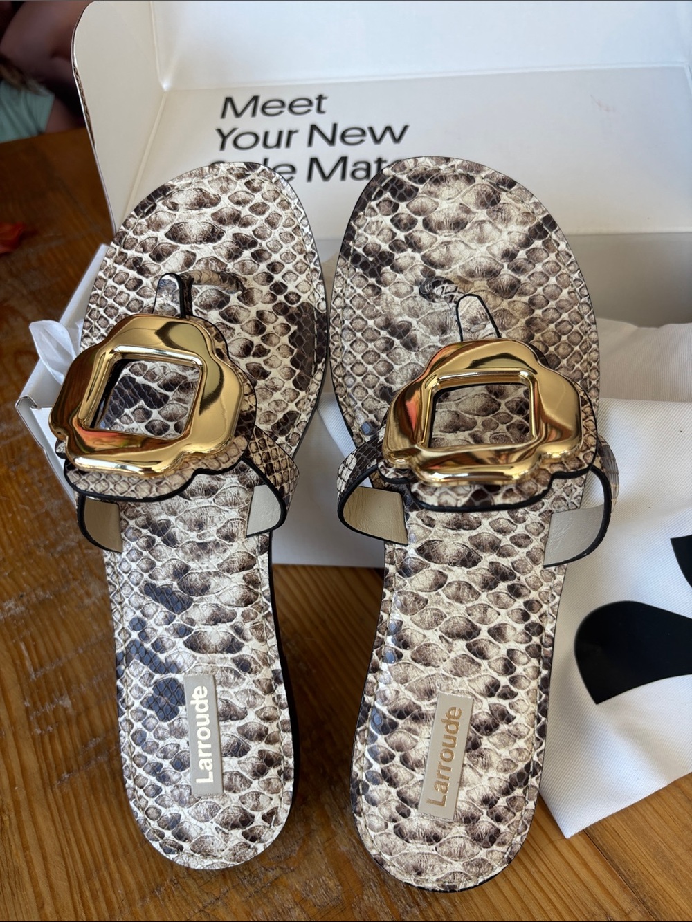 Larroude Snake-Print Slide Sandals with Gold Buckle